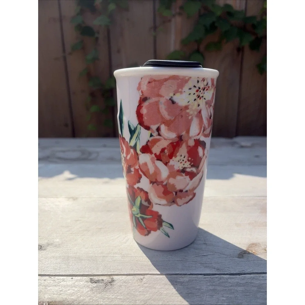 Starbucks 2015 Ceramic Travel Mug Tumbler Floral Poppy 10 oz. Black Plastic Lid